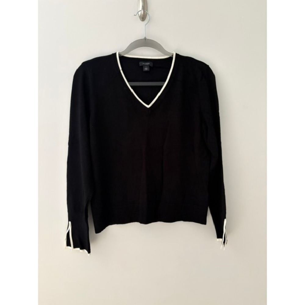 Halogen Womens Black V-Neck Sweater White Contrast Trim Split Cuff Large